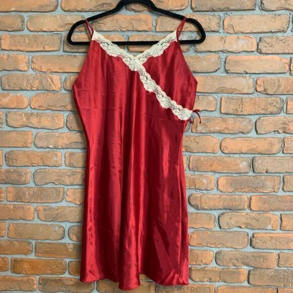 Soft Sensations Women's Lace Trim‎ Satin V-Neck Mini Slip Lingerie Dress Red - M